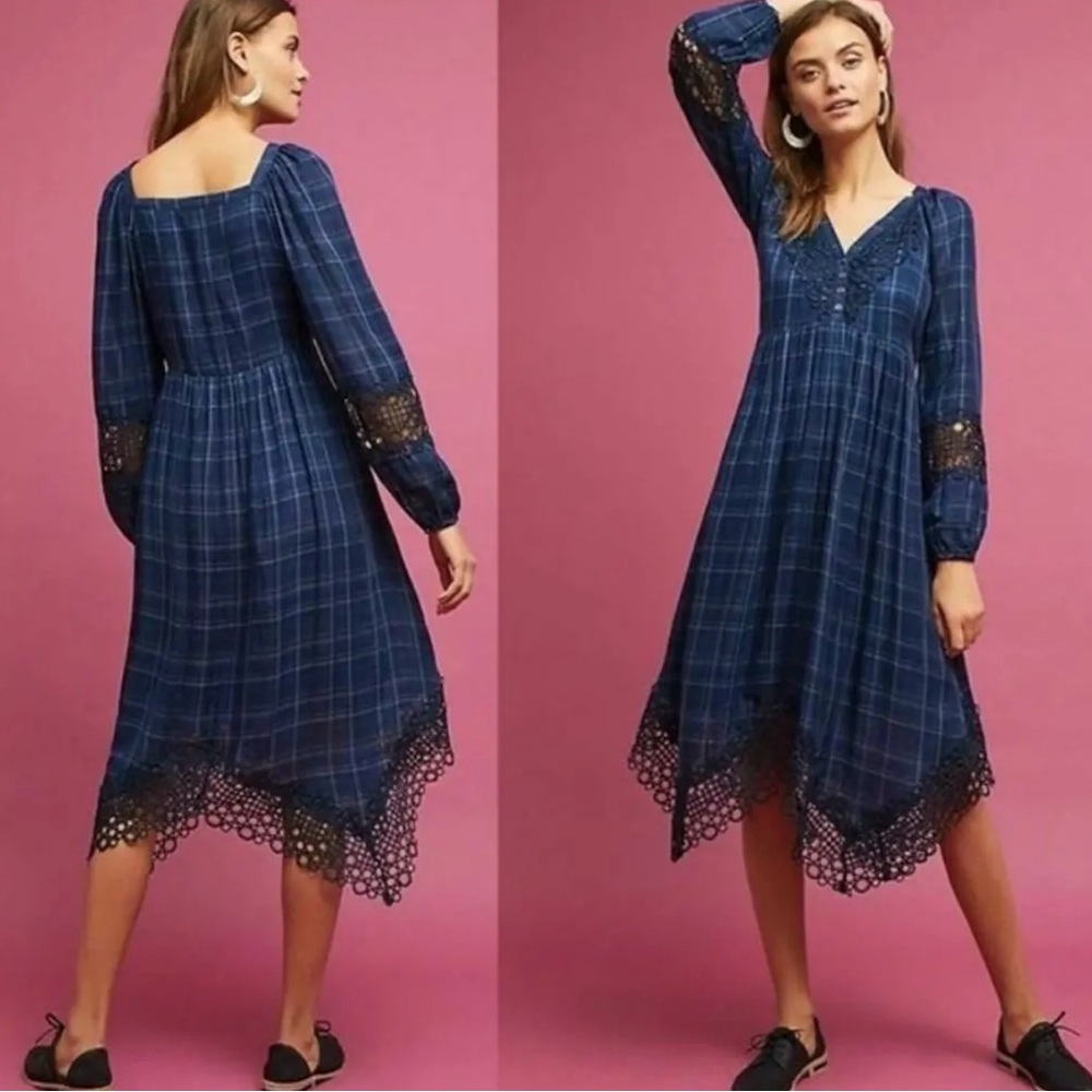Blue and grey plaid Akemi + Kin Anthropologie dress with lace trim.